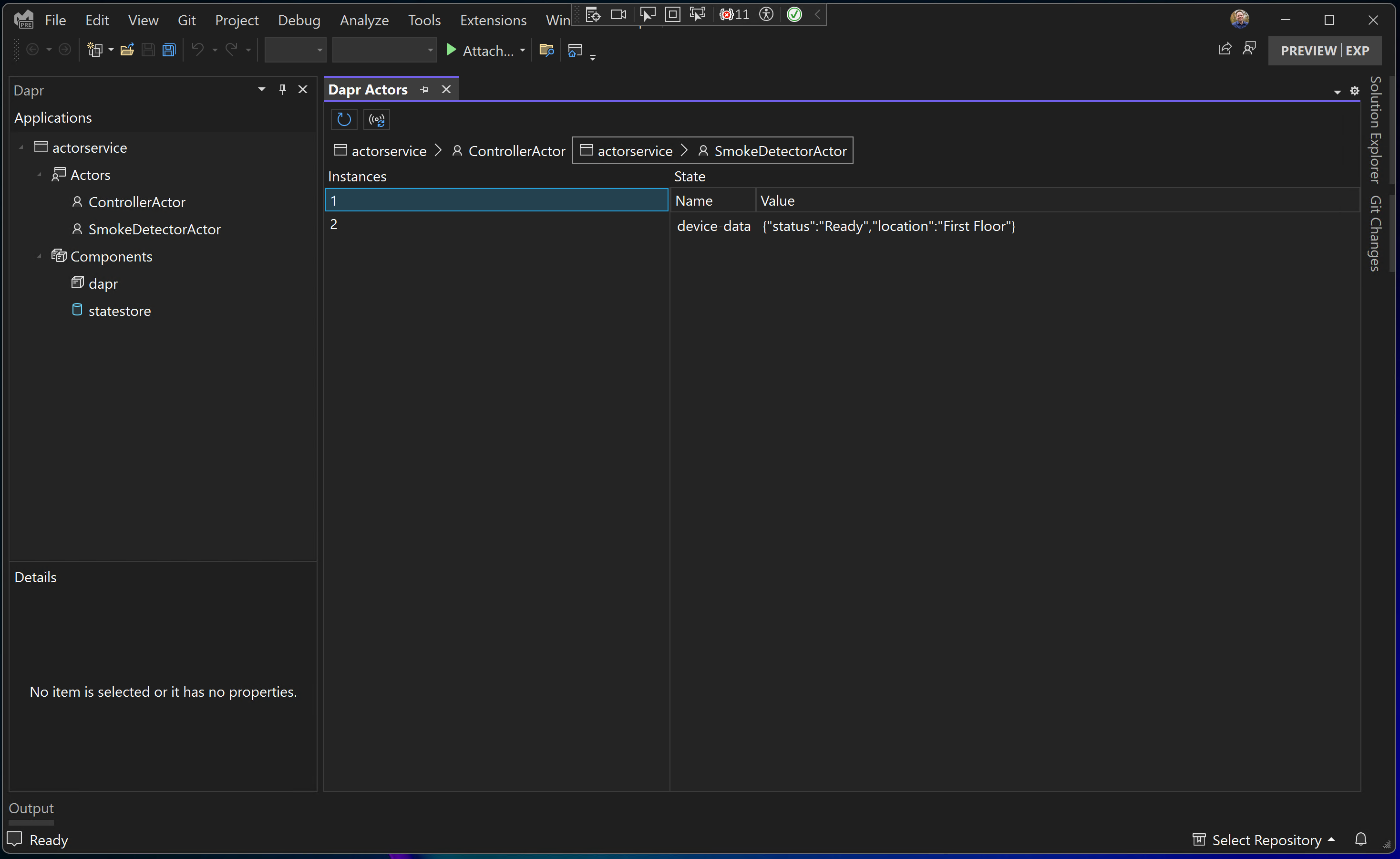 Screenshot of Visual Studio with the Dapr and Dapr Actors tool windows open