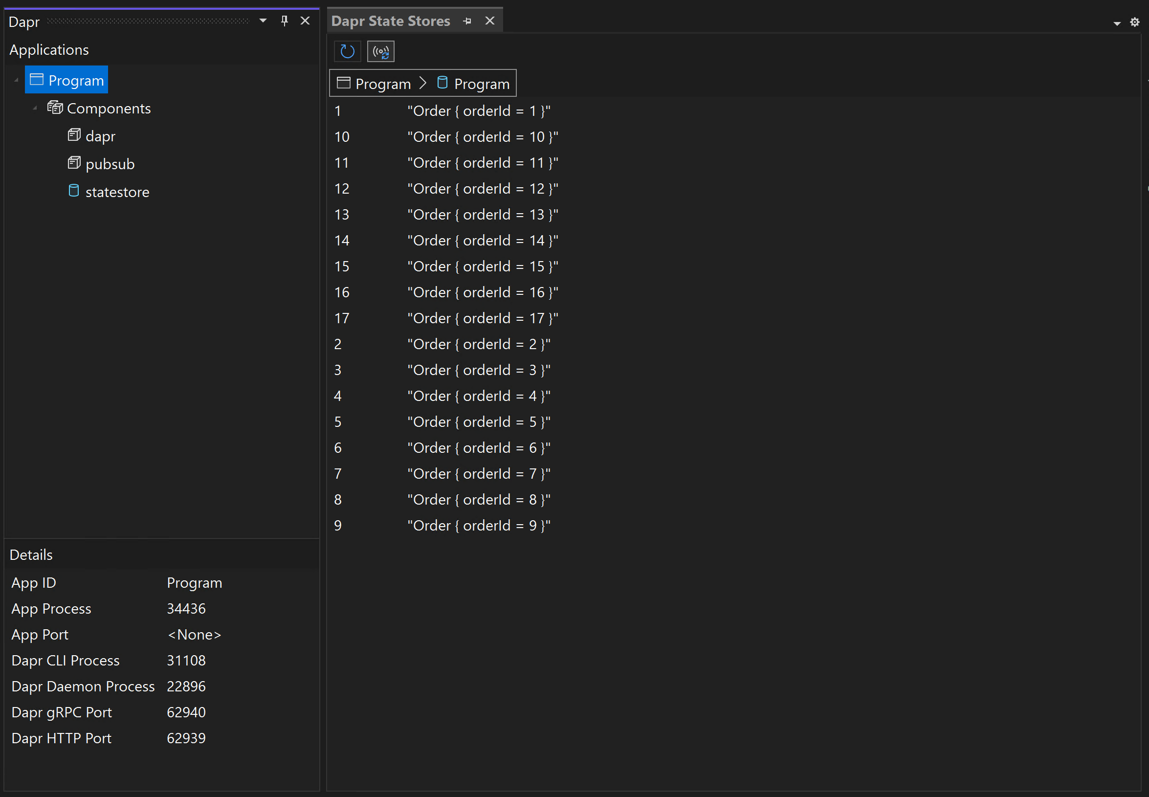 Screenshot of Visual Studio with the Dapr and Dapr State Stores tool windows open.