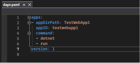 Screenshot of Visual Studio with the generated Dapr run file open in the YAML editor