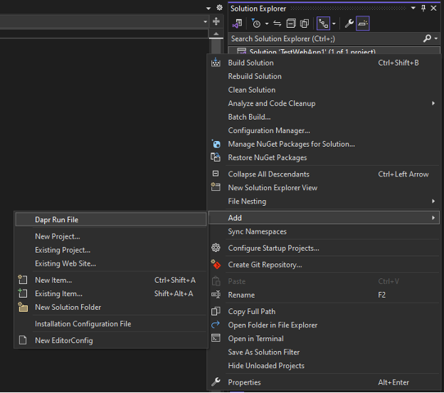 Screenshot of Visual Studio Solution Explorer with the solution context menu open and showing the Add > Dapr Run File command.